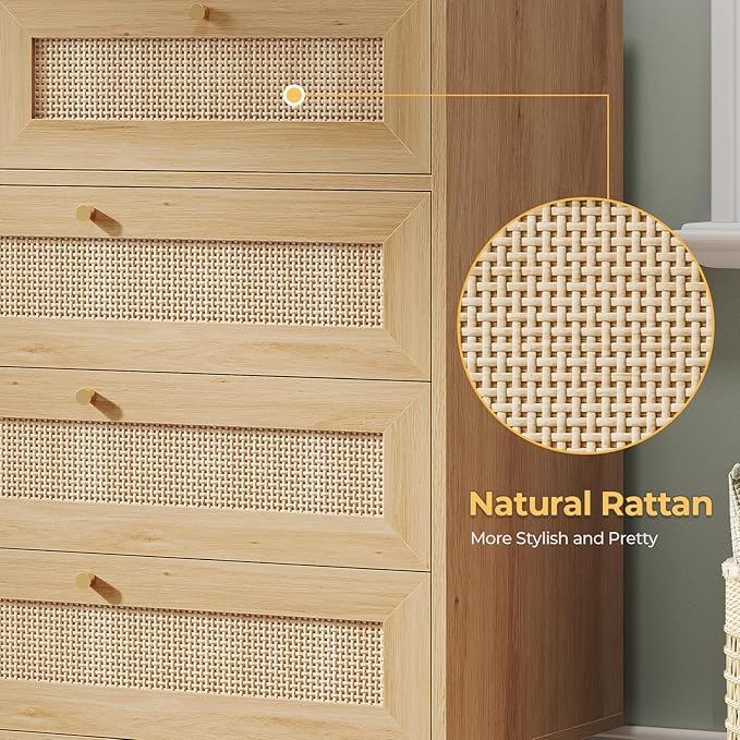 AOGLLATI Rattan Dresser for Bedroom with 9 Drawer, Modern Wooden Long Bedroom Dresser, Chest of Drawers with Metal Handle & Solid Wood Legs for Bedroom/Living Room, Wood