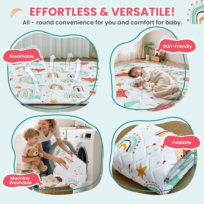 Baby Play Mat for Floor,50x50 Inch Soft Foam Padding Crawling Mat for Playpen, Foldable and Machine Washable, Thick for Babies & Toddlers,Rainbow Fox