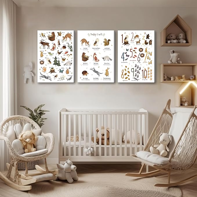 3Pcs Animal Alphabet Numbers Canvas Wall Art Classroom Nursery Painting Educational ABC Poster Prints Kids Playroom Picture Positive Affirmations Animal Wall Decor for Boy Girl Room 12x16in Framed