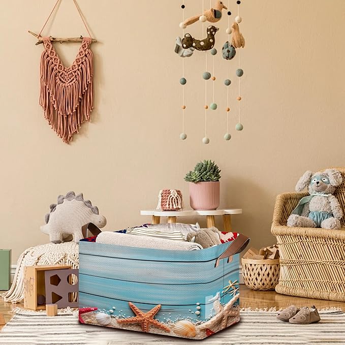Beach Seashell Starfish Storage Basket Large 17x11.5x10.5 Inche-Collapsible Fabric Organizer Bin with Handles for Bathroom, Nursery, Beach Towels-Decorative Hamper with Coastal Nautical-Single Pack