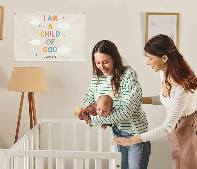 Christian Bible Verse Scripture Rectangular Banner Flag Wall Sign Decor Gift for Baby Girl Women-Nursery Baby Room Bedroom Decor-Baby,Shower Birthday Christmas Gift-I am a Child of God