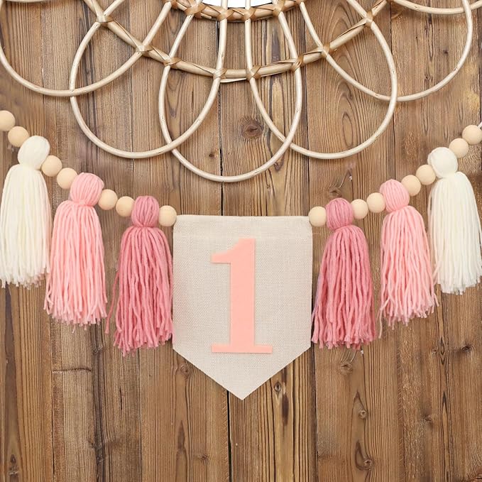 Boho Pink Handmade 1st Birthday High Chair Banner First Highchair Banner For Baby Girls Wild One Wall Hangings Wood Bead Tassel Garland 1 Birthday Party Decorations Photoshoot Props Photo Props