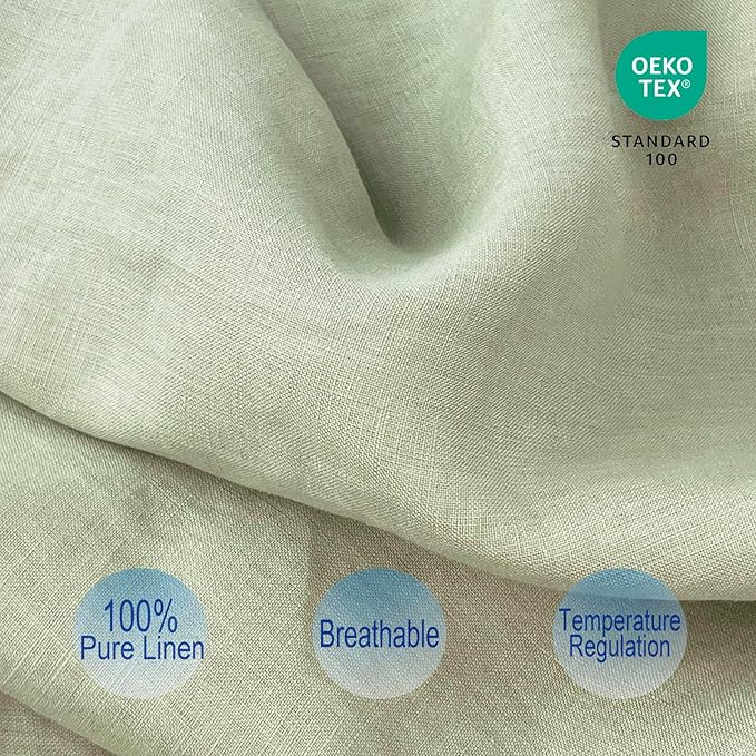 Bean Green Ruffles Linen Pillowcase, 100% French Linen Pillow Cover, Queen Size 1 Piece Farmhouse Shabby Chic Pillow Case, 20''x30'' Pillowcase with Decorative Ruffle Envelope Closure