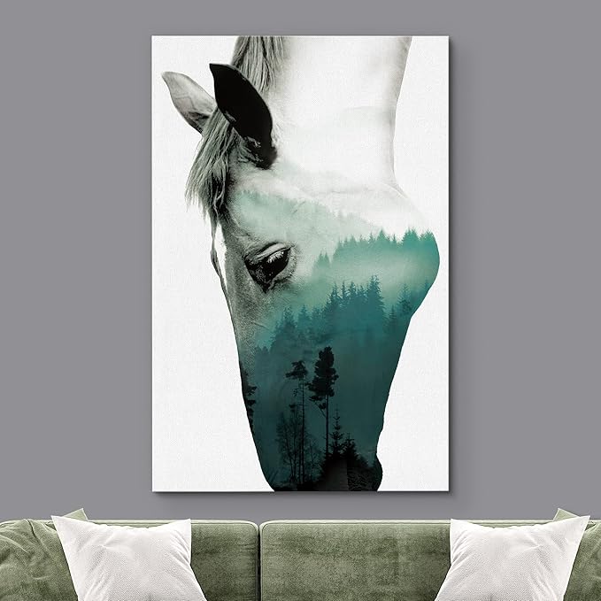SIGNWIN Canvas Wall Art A Wild Horse and Foggy Mountain Double Exposure Photography Animals Wildlife Digital Art Modern Art Rustic Portrait Edgy for Living Room, Bedroom, Office - 32x48 inches
