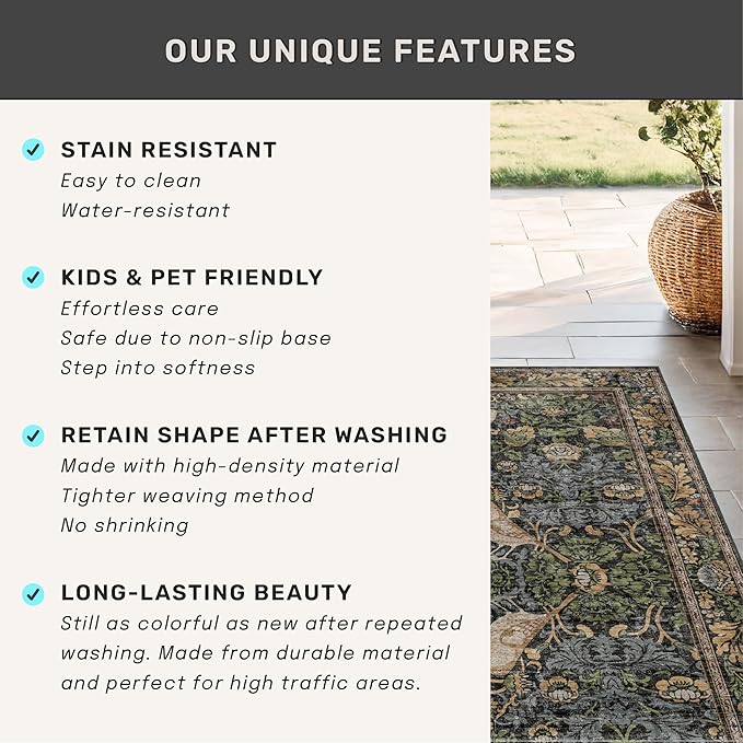 Vintage Floral Area Rug 5x7 for Living Room - Dark Green Forest Bird Rugs for Bedroom, Dinning Room, Office, Non Slip Stain Resistant Low Pile