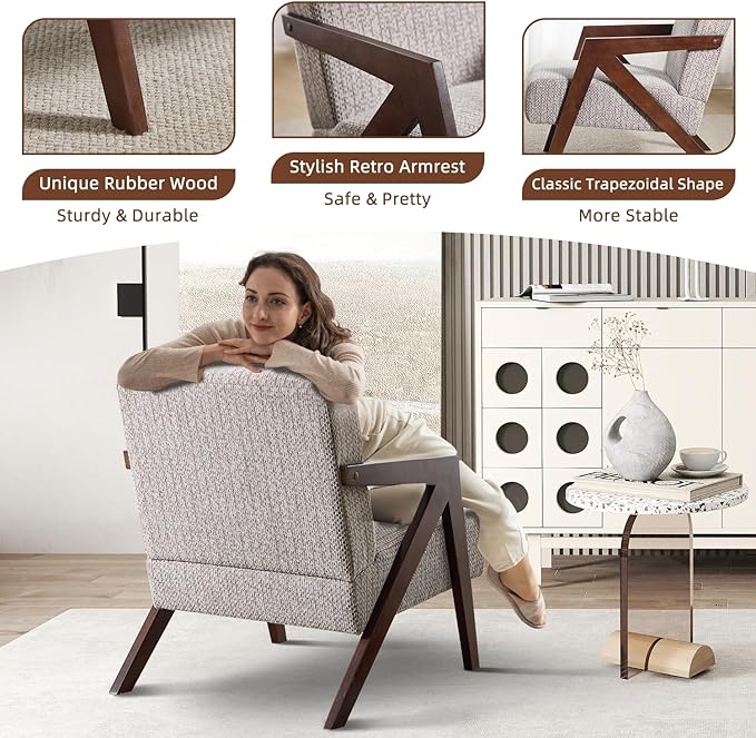 INZOY Mid Century Modern Accent Chair with Wood Frame, Upholstered Reading Armchair with Soft Linen Fabric, Accent Chair for Living Room Bedroom Apartment, Easy Assembly, Light Brown
