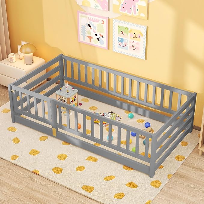 Giantex Twin Floor Bed with High Fence & Door, Montessori Floor Bed with 21.5" Safety Guardrails, Solid Wood Twin Beds Frame for Kids Girls, Boys, Without Slats, Grey