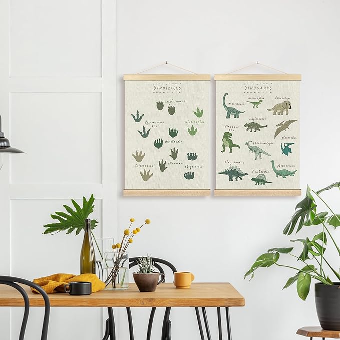 BCUANGD Dinosaur Dino Wall Decor Set of 2 - Baby Toddler Boys Room Wall Art Poster Hanger with Wood Frames, Inspirational Wall Hanging Canvas Decor for Kids Room Playroom Nursery Bedroom, 12x16 Inches