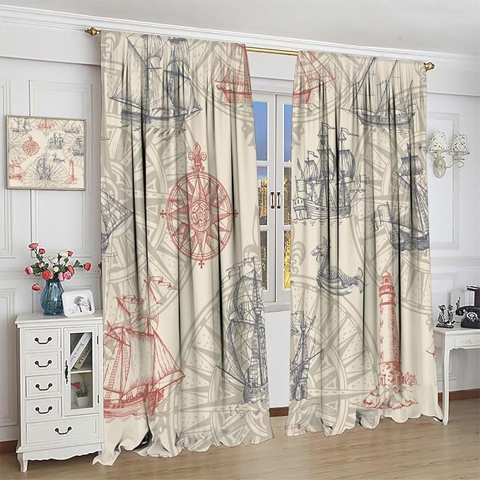 Nautical Curtain Set, Yellow Polyester, 2 Panels, 42x63 Inches, Contemporary Ocean Theme, Bathroom, Window Treatment Panels