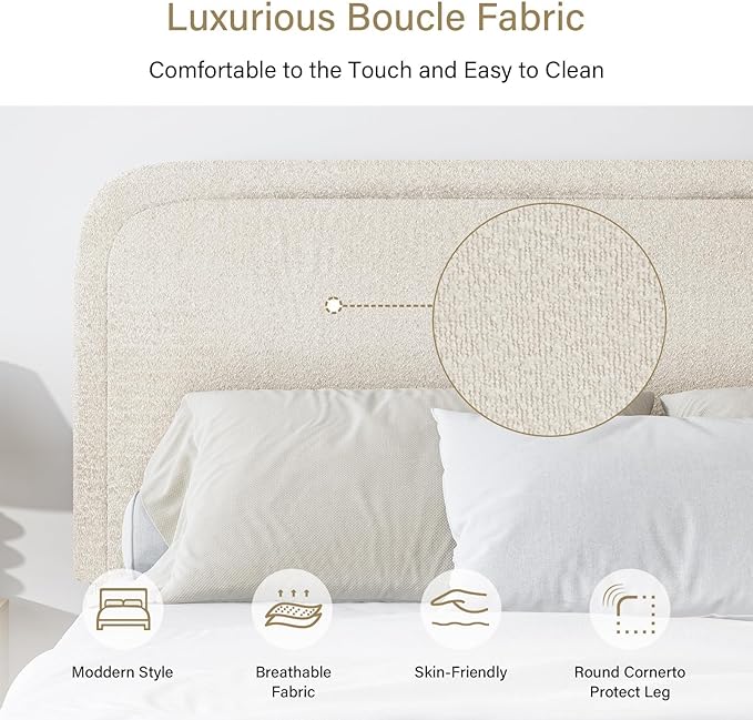 BarnFurin Full Size Bed Frame with Headboard, Cloud Boucle Upholstered Platform Bed Frame, Modern Style, Soft Rounded Corners, No Box Spring Required, Easy Assembly, Cream