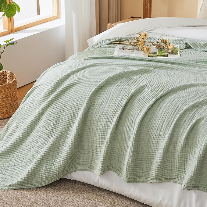 EMME Cotton Muslin Large Throw Blanket Couch Breathable Gauze Soft Lightweight Bed Blankets Adults (Heather Sage Green, 50"x70")
