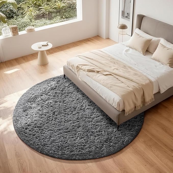 Ophanie Round Rugs 7Ft Grey Circle Area Rug, Fluffy Fuzzy Bedroom Carpet, Plush Soft Shaggy Indoor Floor Gray Living Room Rugs for Kids Home Decor Aesthetic, Nursery
