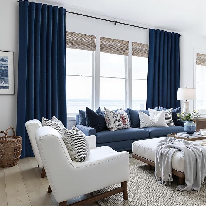 Navy Blue Blackout Curtains 102 Inch Length for Boys Rooms/Bedroom, Floor to Ceiling Track Pleated Drapes with Hooks Linen Thermal Coastal Curtain Dark Blue Window Burg 50"Wx102"Lx2Panels Back Tab