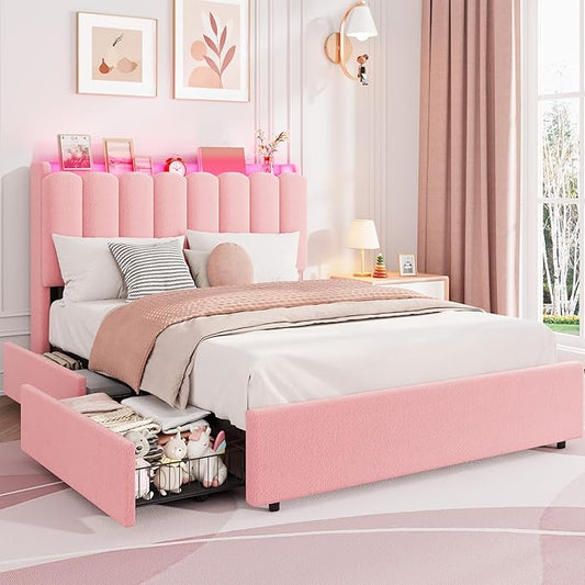 Garvee LED Full Size Bed Frame with Storage Headboard, Kids Bed Frame with 2 Drawers, Boucle Upholstered Platform Bed for Girls, Chic Wavy Headboard with Bookcase, No Box Spring Needed, Pink