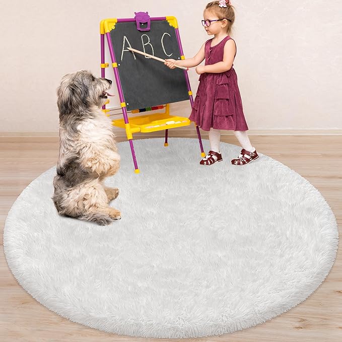 5 ft Round Fluffy White Rug for Bedroom,Tie Dyed Furry Round Carpet Non Slip Fuzzy Shaggy Plush Circle Area Rug for Living Room Teen's Room Nursery Room Playroom Kids Room Home Decor Washable