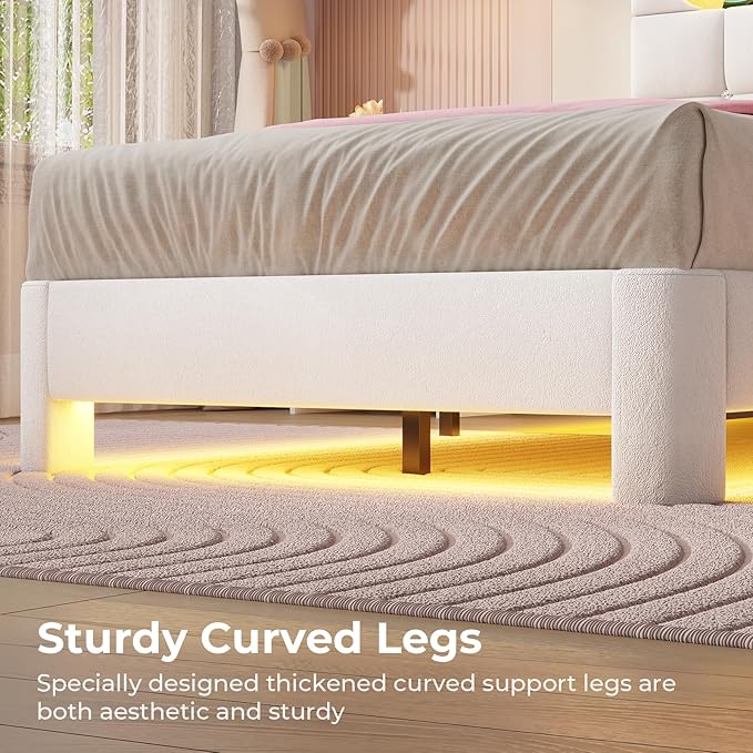 MSmask Twin Upholstered LED Bed Frame with 2-Tier Storage Bookcase Headboard, Velvet Princess Bed with Crystal Button Tufted Headboard & Charging Station, Girls Platform Bed, Curved Legs, White