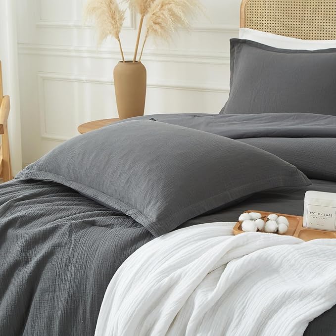 Muslin Comforter Set King Size, Cotton Cover & Polyester Filling, Breathable & Linen Like & Suitable for All-Season Use,3 Pieces(1 Comforter 104"x90", 2 Pillow Shams 20"x36"), Rock Grey