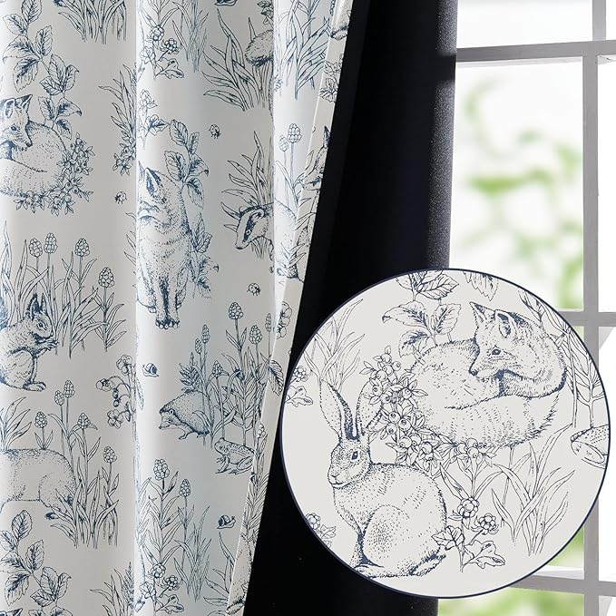 jinchan 95% Blackout Nursery Curtains 63 Inches Long, Bunny Woodland Toile Curtains Blue on Beige Animal Printed Drapes for Bedroom Rod Pocket Thermal Insulated Farmhouse Window Treatment 2 Panels