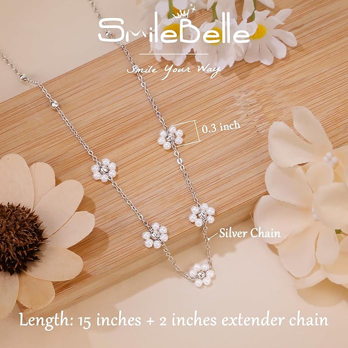 SmileBelle Pearl Necklaces for Women, Daisy Pearl Choker as Christmas Stocking Stuffers for Teens, Silver Daisy Pearls Jewelry Trendy Stuff Birthday Gifts 3 Pearls White Necklace as Wedding Jewelry