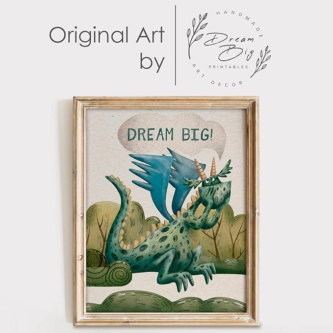 DREAM BIG PRINTABLES - Dragon Art Prints (Set of 4) - Unframed - 8x10s | Wall Art for Home, Office, Kids Room, Living Room, Bedroom, Classroom Decor
