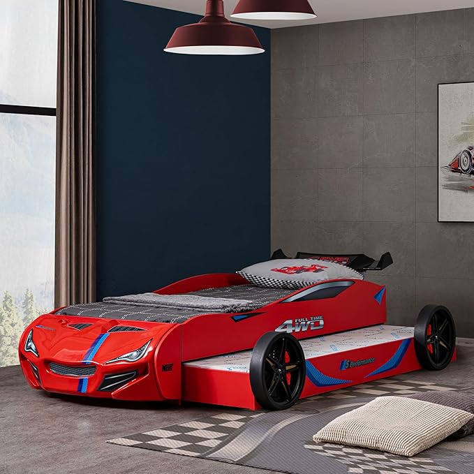 Furniture of America Redvers Modern Wood Twin-Size Kid Bed with Race Car Design and Pull-Out Trundle, No Box Spring Required for Toddler, Teens, Boys or Girls, Red