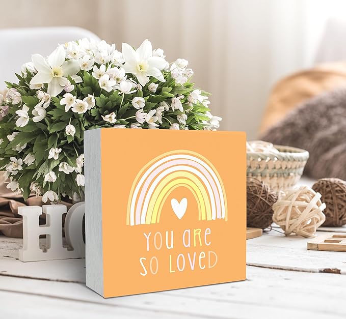 SRADMO You Are So Loved Rainbow Heart Wood Box Sign Desk Decor, Orange Kids Inspirational Quotes Wooden Block Box Sign Decoration for Kids Room Nursery Playroom Shelf Table Decorative Accessories