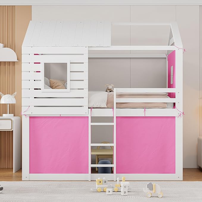 Full Size House Bed Tent Bed with Windows for Kids Teens Boys Girls, Solid Wood Bunk Bed Frame with Guardrails, Versatile Spacious Under Bed Space with Curtains (Pink-Tent Full)