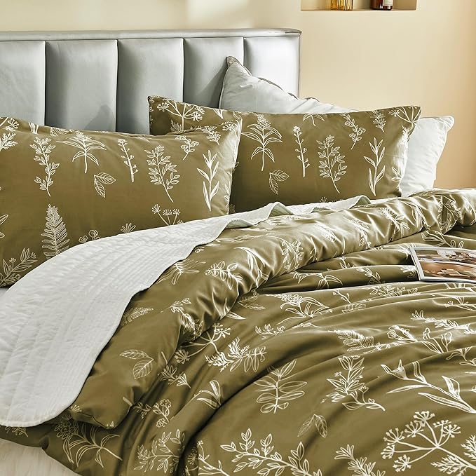 MUXHOMO Duvet Cover Queen Size, Reversible Floral Olive Green Duvet Cover Set with Zipper Closure, 3 Pieces Botanical Patterns Soft Microfiber Bedding Set with 4 Ties (90"x90", 2 Pillow Cases)