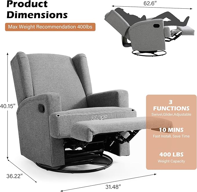 UIXE Swivel Glider Recliner Chair for Adults, Fabric High Back Accent Chair Nursery Rocker for Living Room, Upholstered Manual Reclining Sofa Seating with Deep Seat - Flax Gray