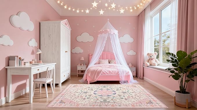 Area Rug - Vintage 5x7 Non-Slip Backing Area Rugs Light Pink Soft Faux Wool Carpet Foldable & Machine Washable Rugs for Living Room Bedroom Dining Room Nursery Home Office