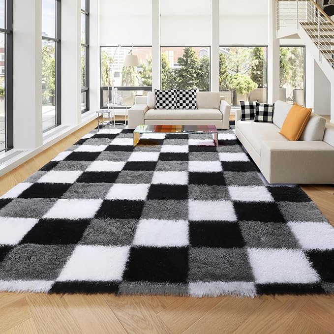 KICMOR 8x10 Area Rugs for Living Room, Large Fluffy Soft Black White Grey Checkered Shag Shaggy Bedroom Carpet, Big Fuzzy Plush Floor Rug for Kids Boys Girls Room Dorm Nursery Home Decor Aesthetic