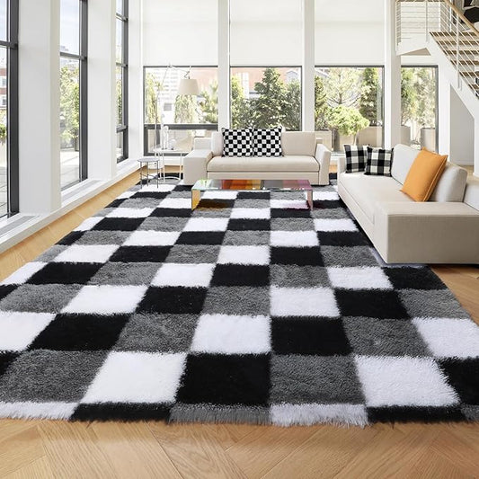 KICMOR 8x10 Area Rugs for Living Room, Large Fluffy Soft Black White Grey Checkered Shag Shaggy Bedroom Carpet, Big Fuzzy Plush Floor Rug for Kids Boys Girls Room Dorm Nursery Home Decor Aesthetic