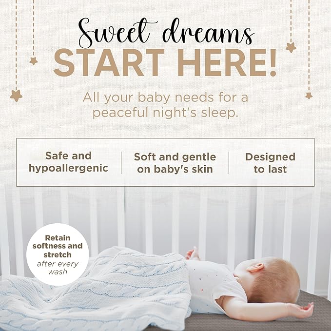 Crib Sheets 100% Organic Muslin Cotton Sheets for Boys & Girls, Fitted Sheets for Standard Crib & Toddler Mattress - Super Soft & Breathable for Cozy Comfort | White + Grey - 52"x28" (2 Pack)