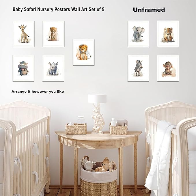 SEHSUVC Safari Nursery Posters Wall Art Set of 9, Cute Animal Canvas Wall Decor Painting, Woodland Jungle Nursery Picture Prints for Baby Boys and Girls Room Nursery Home Decor 8x10In Unframed