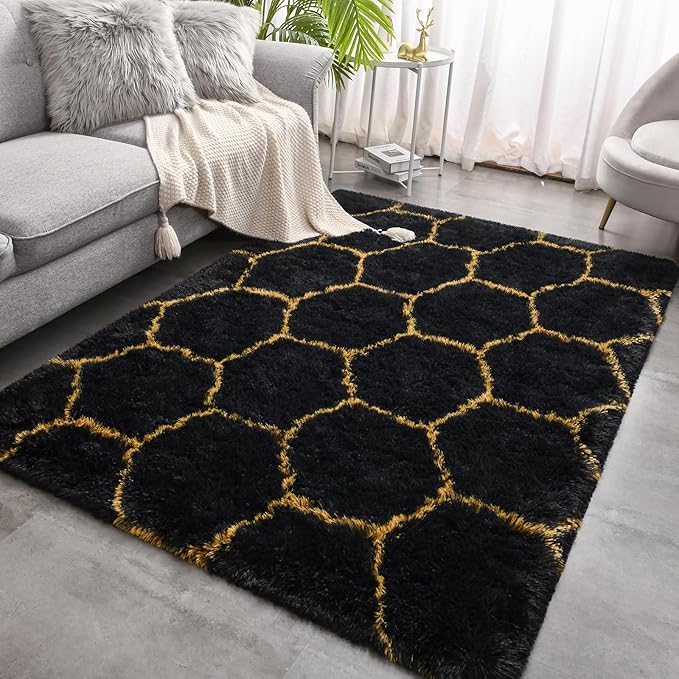 Meralax Hexagon Gold/Black Rugs for Living Room Bedroom, 5x8 Soft Area Rug Fluffy Shaggy Bedside Rug, Machine Washable Indoor Floor Carpet for Kids Boys, Dorms, Nursery Rooms, Home Decor Aesthetic