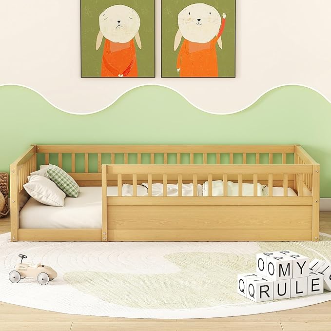 Bellemave Kids Montessori Floor Bed,Twin Size Floor Bed with High Fence and Door,Twin Bed Frame with Guardrails for Kids,Girls,Boys,Twin,Natural