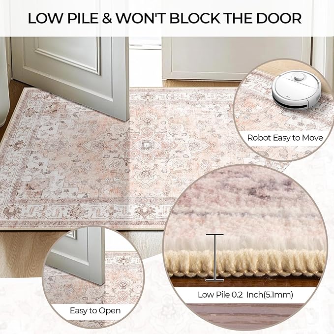 Machine Washable Rugs Nursery Rug 2x8 Cute Girl Non Slip Low Pile Water Repellent Soft Print Pattern for Bedroom Indoor Decor Kids Playroom Pink