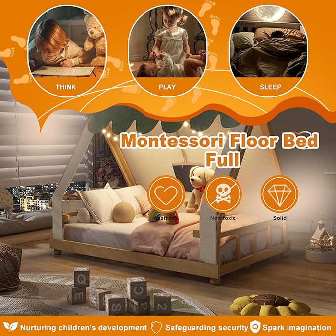 Full Size House Bed for Kids with Light and Tent, Montessori Floor Bed Full for Kids Girls Boys Teens Bedroom, White