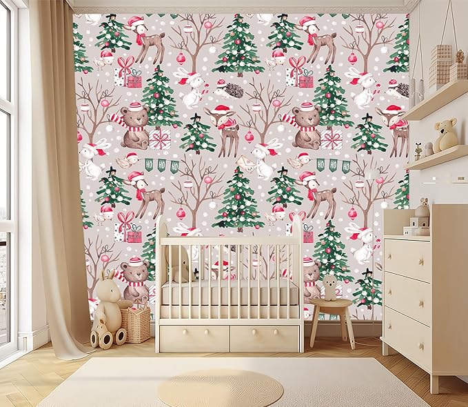 XMPMBM-Christmas Day Cartoon Pine Forest Nursery Room Fabric Wallpaper Kids Bedroom Hand-Painted Graffiti Wall Mural-W 154" X H 105"（112 Square Foot）