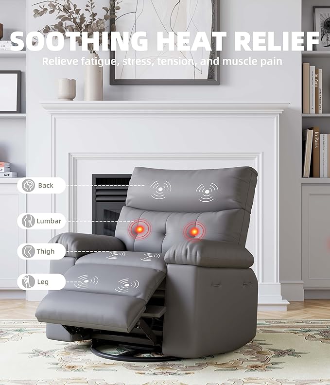 GarveeHome Oversized Power Rocker Swivel Recliner Chair - Heat and Massage, Extra Wide Electric Recliner Ergonomic PU Leather Single Sofa, Tall Back, Padded Seat, Lazy Chair for Living Room