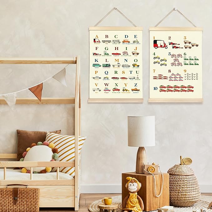 Hiuwevt Transportation Alphabet Numbers Poster Hanger Frame, Nursery Wall Decor, Vehicle ABC 123 Educational Wall Art Decor for Classroom Kids Room Home, 12x16 Inch Set of 2