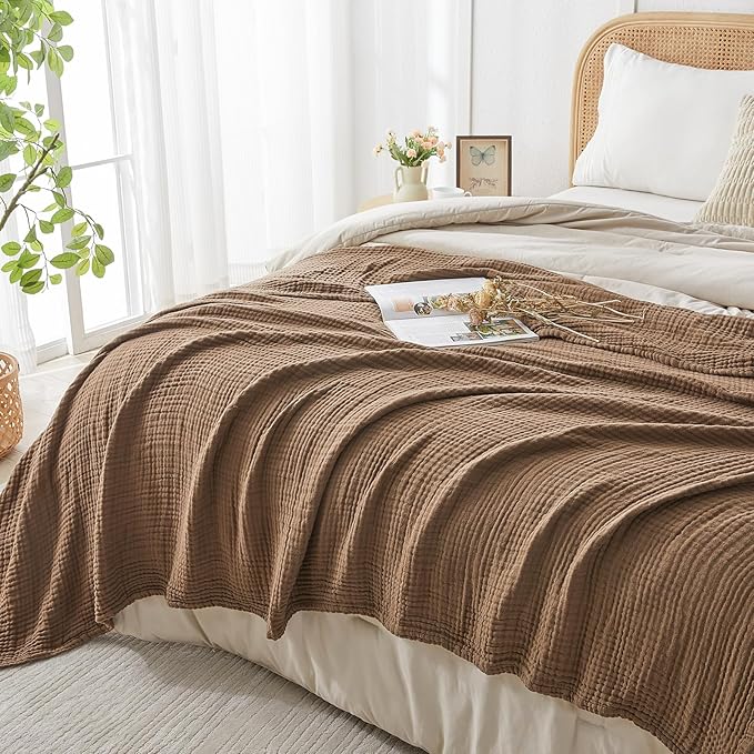 EMME Cotton Muslin King Blanket Bed Layering Breathable Gauze Blanket Soft Lightweight Blankets Adults (Brown, 108"x90")