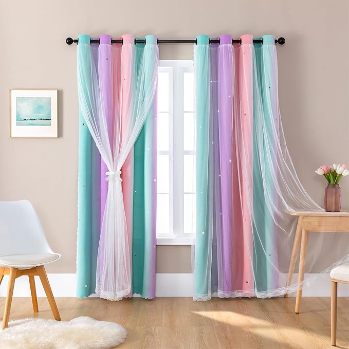 XiDi Curtains for Girls Bedroom Kids Room 2 Panels Colorful Rainbow Star Blackout Curtains Unicorn Wall Decor Cute Mermaid Princess 34 Inches Wide 79 Inches Long Grommet Drapes Pink Purple Green