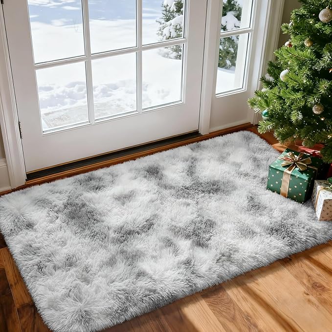 Merelax Fluffy Small Soft Area Rugs for Livingroom, 2x4 Tie-Dyed White Grey Mini Shaggy Throw Rug, Abstract Fuzzy Door Entryway Indoor Inside Front Entrance Dog Mat Accent Home Decor Aesthetic
