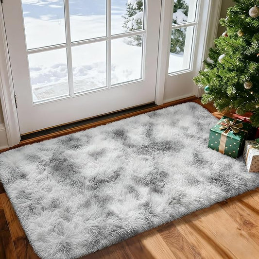 Merelax Fluffy Small Soft Area Rugs for Livingroom, 2x4 Tie-Dyed White Grey Mini Shaggy Throw Rug, Abstract Fuzzy Door Entryway Indoor Inside Front Entrance Dog Mat Accent Home Decor Aesthetic