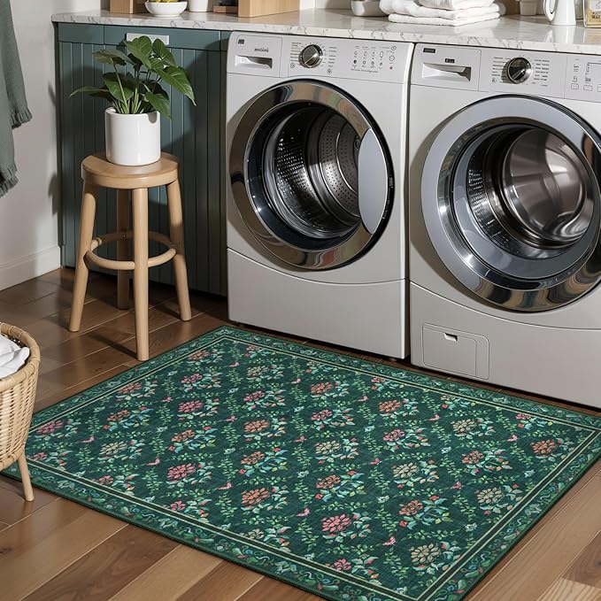 Tangsoo 2x6 Washable Runner Rug for Hallways, Non Slip Moroccan Trellis Green Floral Carpet Runner, Soft Low Pile Floor Carpet Runner for Kitchen, Laundry, Bedroom, Bathroom, Living Room Home Decor