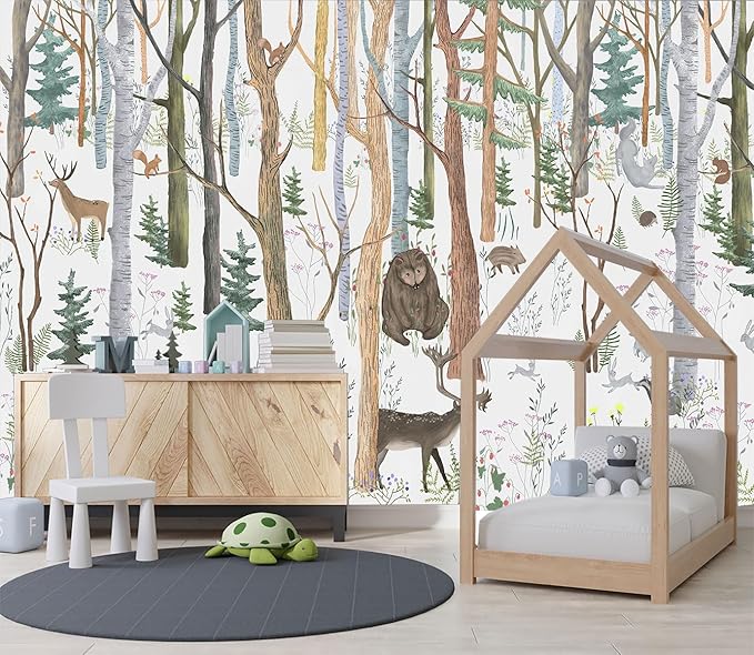 XMPMBM-Cartoon Hand-Painted Animals Woodland Nursery Room Fabric Wallpaper Graffiti Pine Forest Kids Gaming Room Wall Mural-W 154" X H 105"（112 Square Foot）