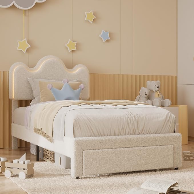 Twin Upholstered LED Bed Frame with Storage Drawers Girls Bed with Flower Headboard Boucle Princess Platform Bed Frame for Kids/Girls Strong Wood Slat Support,No Box Spring Needed,Easy Assembly