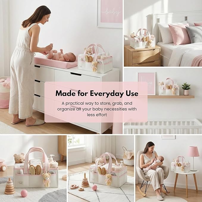 PeraBella XL Diaper Caddy Organizer With Handle, Baby Shower Gifts Basket Bag, Registry Search Must Haves Items, Newborn Girl Boy Nursery Storage Organizer, Baby Bag Essentials, Car Diaper Caddy Cart