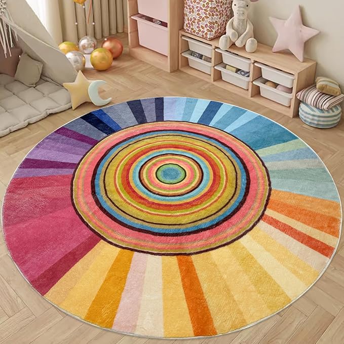 Kids Rug 6Ft Round Girls Bedroom Carpet Colorful Circle Sun Rug Rainbow Nursery Mat Modern Abstract Playroom Bedside Area Rug for Children Indoor Home Decor